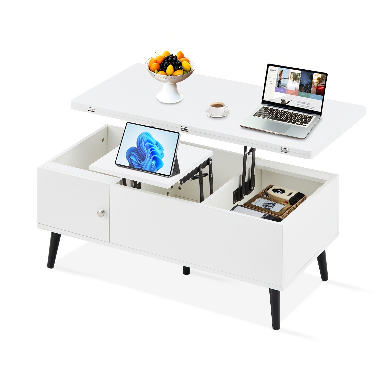 Lemroe Lift Top Coffee Table, 3in 1 Extendable Tabletop Center Table With 2 Doors And Hidden Storage For Living Room, Rectangle Wooden Lift Table For Living Room Home Office Reception