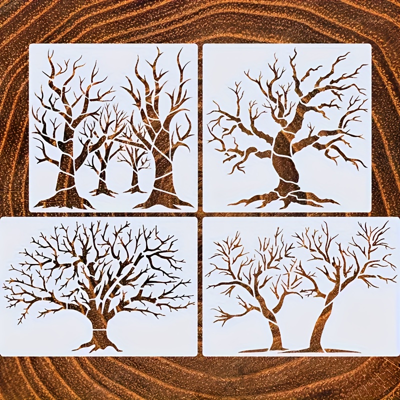 TEMU Set Of 4 Dried Tree Craft Stencils - Durable Pet Painting Templates Suitable For Projects, Wood, Walls, And Furniture, Reusable Art Stencils
