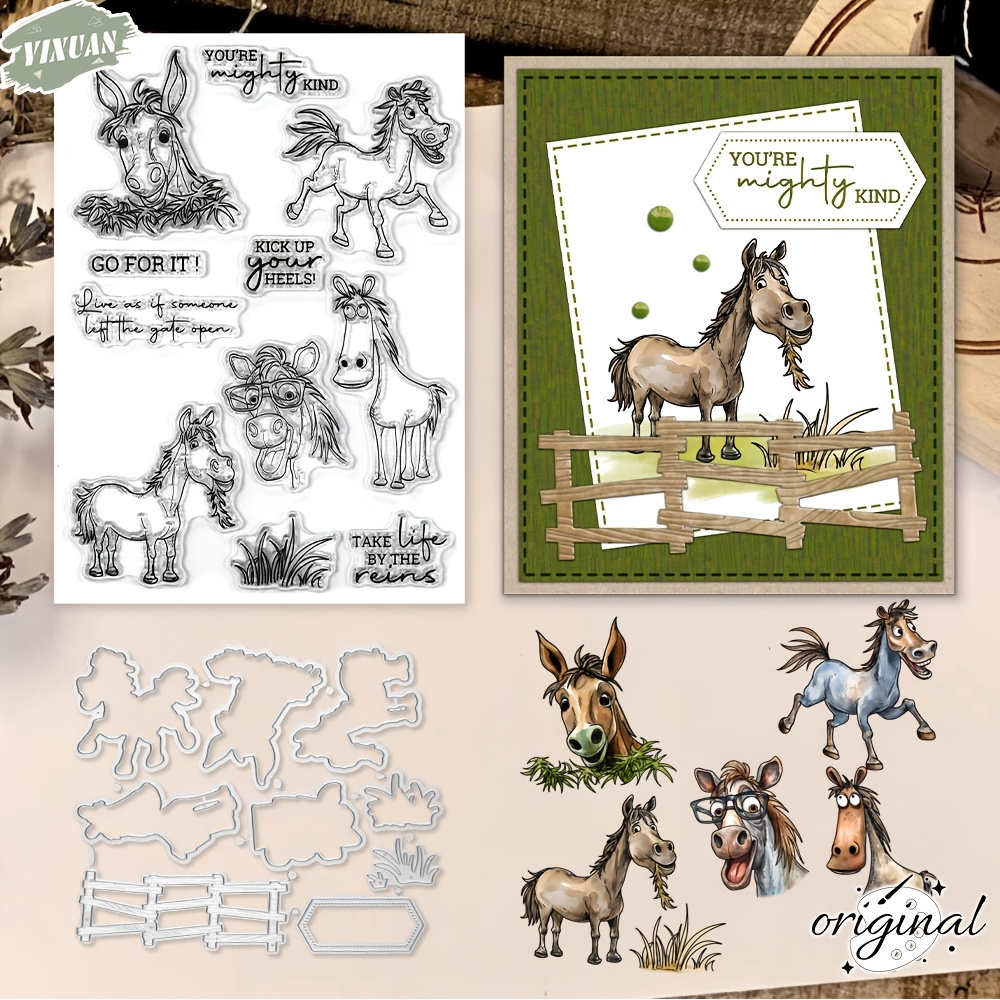 

Cartoon Funny Horse Cutting Dies Clear Stamp Set Diy Scrapbooking Supplies Knife Mold Metal Dies Silicone Stamp For Cards Albums Crafts Decor