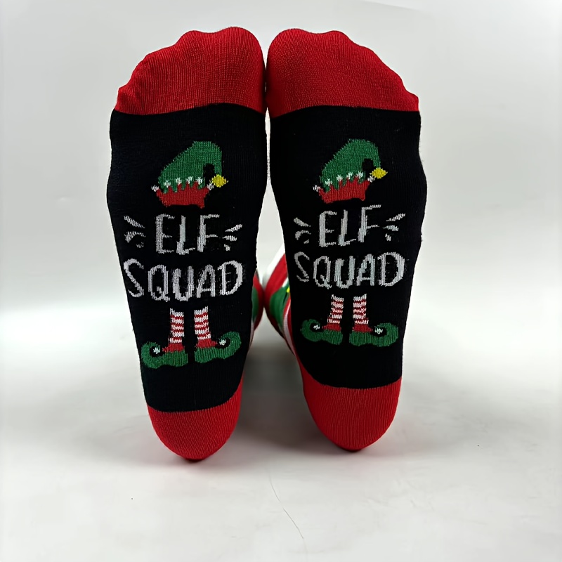 Image of A Pair Of High-top Red-heeled Striped Socks For Men, Labeled 'elf Squad', Made Of Premium, Comfortable, Breathable, And Warm—an Gift For Family During Christmas