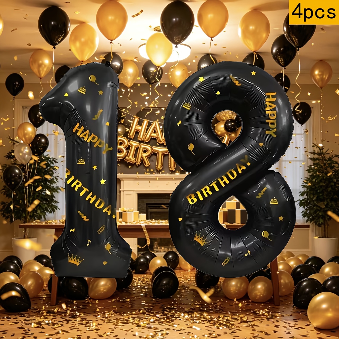 Image of 4pcs Set, 2pcs Oversized 32-inch Matte Balloons And 2pcs Happy Birthday Theme Golden Sticker Sets, Stickers Crowns, Birthday Wishes, Stars, And Musical Notes, Which Are Birthday Party Decoration Props