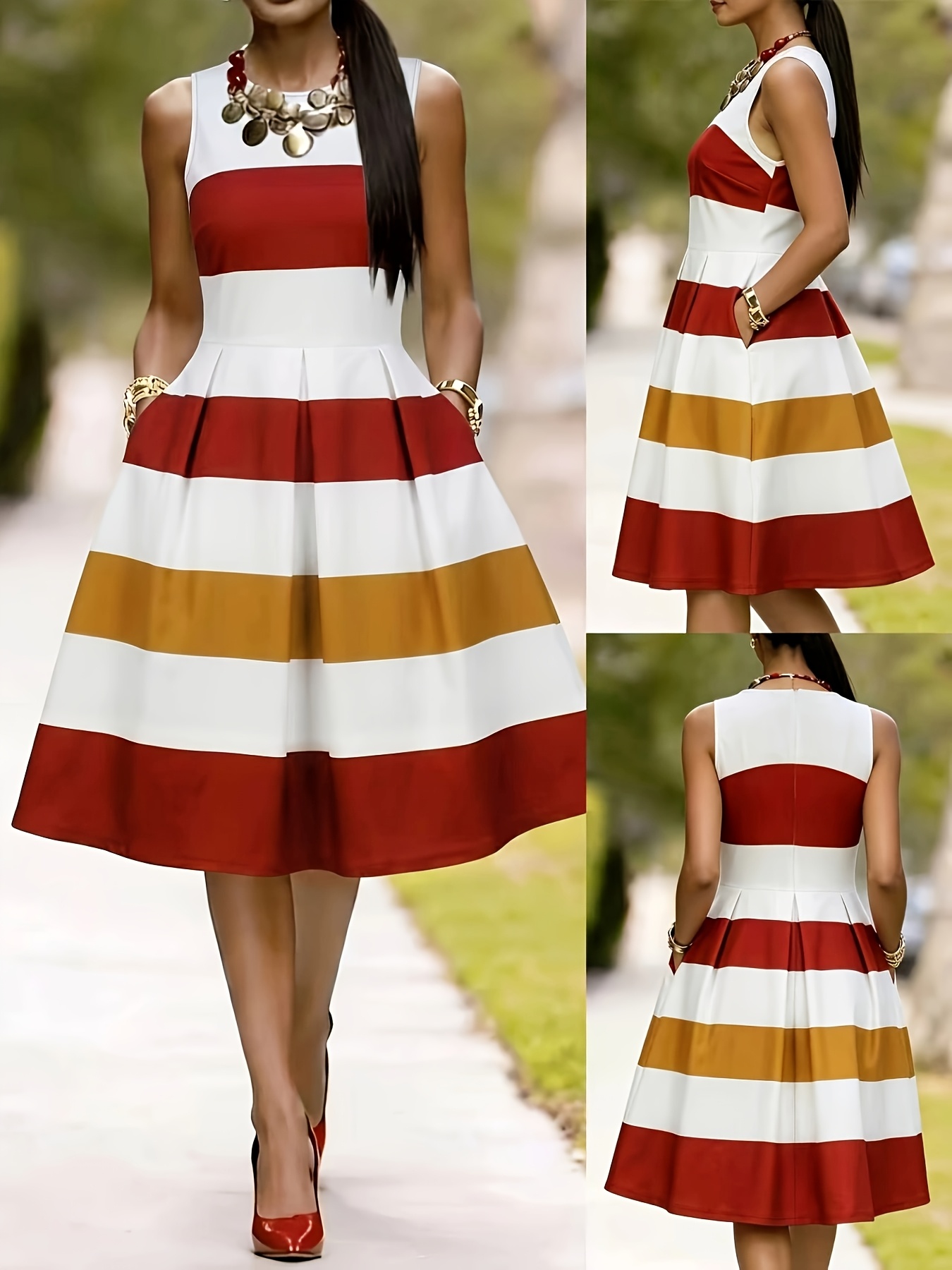 2026 new womens easy elegant   red white yellow striped sleeveless round neck dress