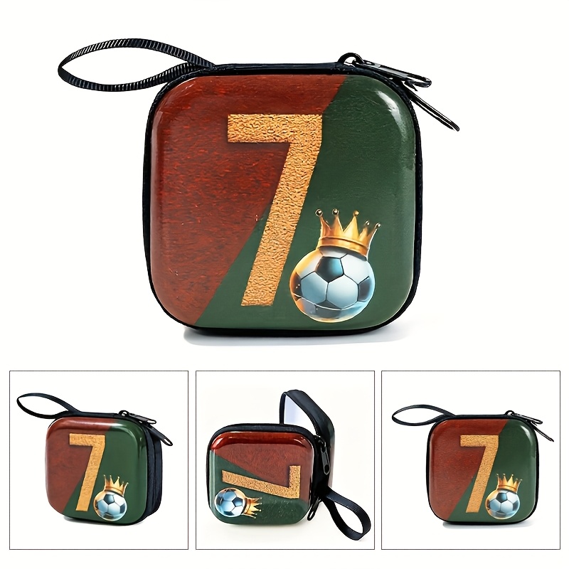TEMU Trendy Football Print Coin Earphone Wallet, Men's Small Item Storage Box