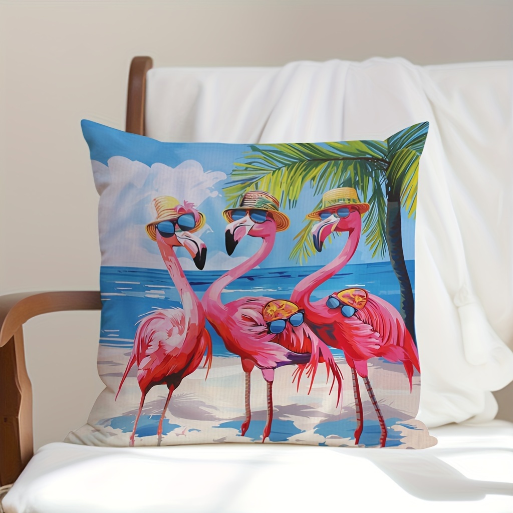 

Contemporary Flamingo Beach Vacation Throw Pillow Covers - Machine Washable Zippered Polyester Cushion Cases For Sofa, Bed, Car, And Home Decor - Knit Fabric, 17.7x17.7 Inches (no Inserts)