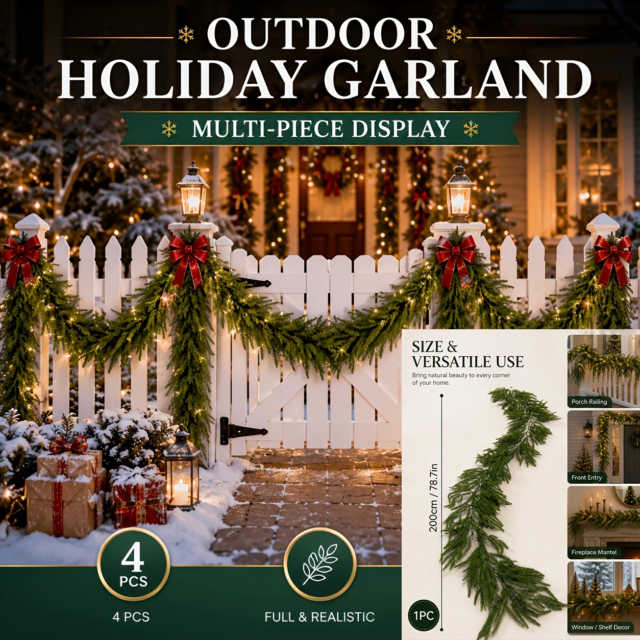 TEMU 1pc Christmas Needle Garland, Festive Vine Suitable For Indoor/ Decor, Uv Resistant And Non-fading, For Gardens, Courtyards, Fireplace