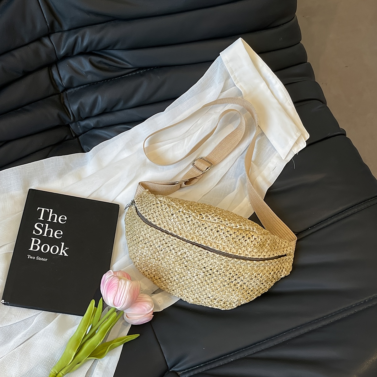TEMU Straw Woven Chest Bag, New Summer Style Braided Crossbody Bag, Chest Pack, Travel Bag, Waist Pouch, Beach Bag, Street Fashion Bag, Lightweight