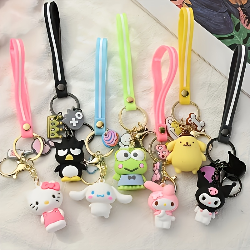 TEMU Hello Kitty &   7pcs Keychain Set - Cute Cartoon Pvc Charms, Golden-plated Metal, Braided Wristbands - Birthday Parties, Christmas, Halloween