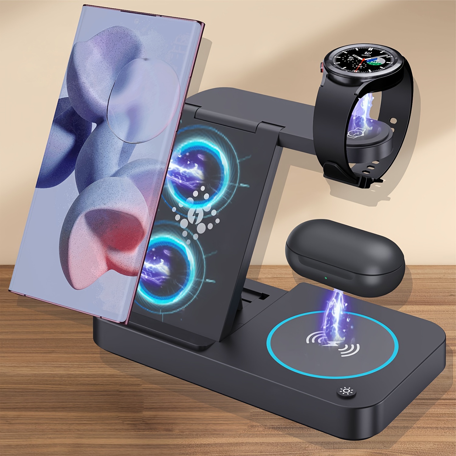 

4in 1 Fast Wireless Charger Charging Station Phone Multiple Led Night Lights S24 Ultra/s23/s22/s21/note 20 Plus/z Flip 5/fold 5/galaxy Buds/watch 6//4/3