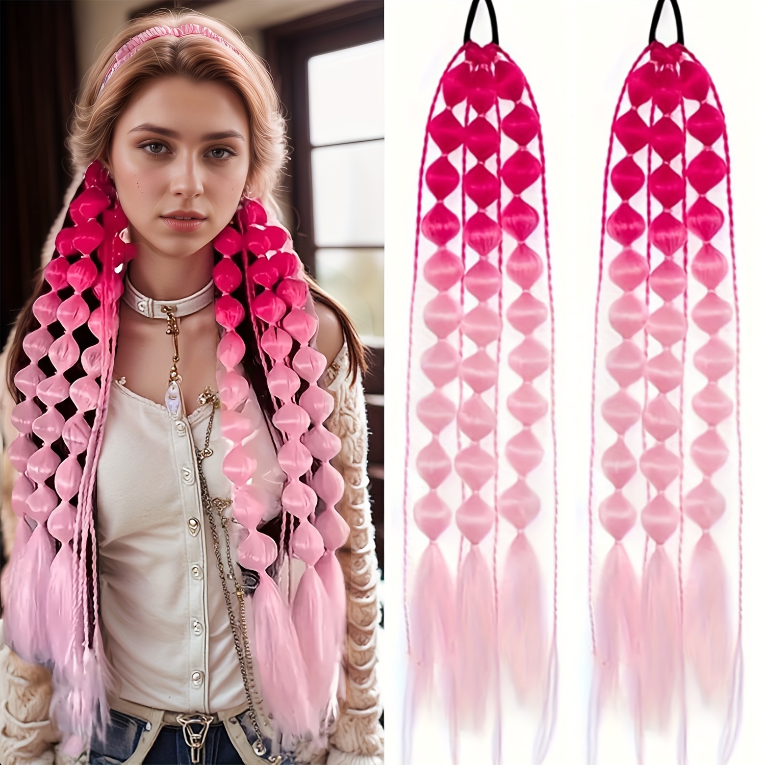 TEMU 2pcs Bubble Ponytail Extensions 24 Inch Colored Hair Extensions With Hair Tie Colorful Bubble Ponytail Hair Extensions For Girls Festival