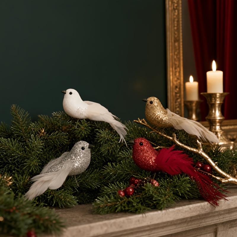 TEMU 4 décorations d'oiseaux réalistes, de 4 couleurs rouge, blanc, doré et argenté, corps avec des paillettes, très appropriées pour la décoration