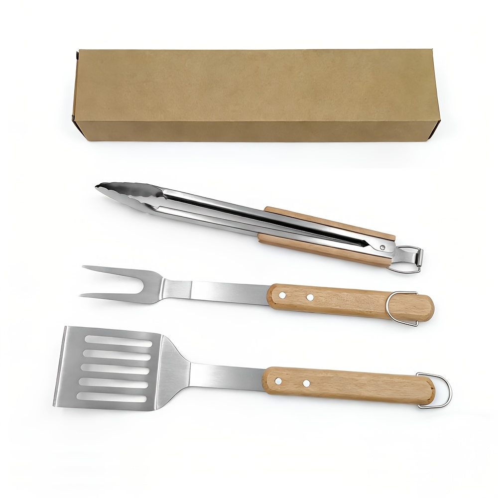 E-shop 3-teiliges oder 9-teiliges Grillzubehör-Set - Grillzange, Spatel und Gabel Set - Hochleistungs-Grillwerkzeuge aus Edelstahl mit Holzgriffen
