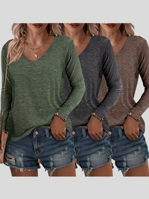 3pcs womens v neck long sleeve t shirts soft multicolor casual tops fall winter
