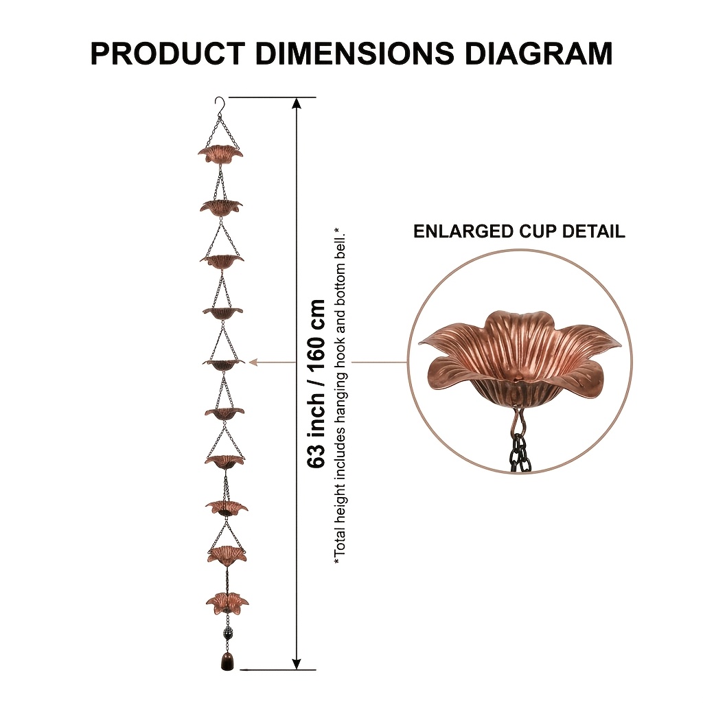 TEMU Chaîne de pluie à fleurs de 63 pouces pour gouttières, une décoration décorative pour les descentes d'eau avec une cloche fixée pour la
