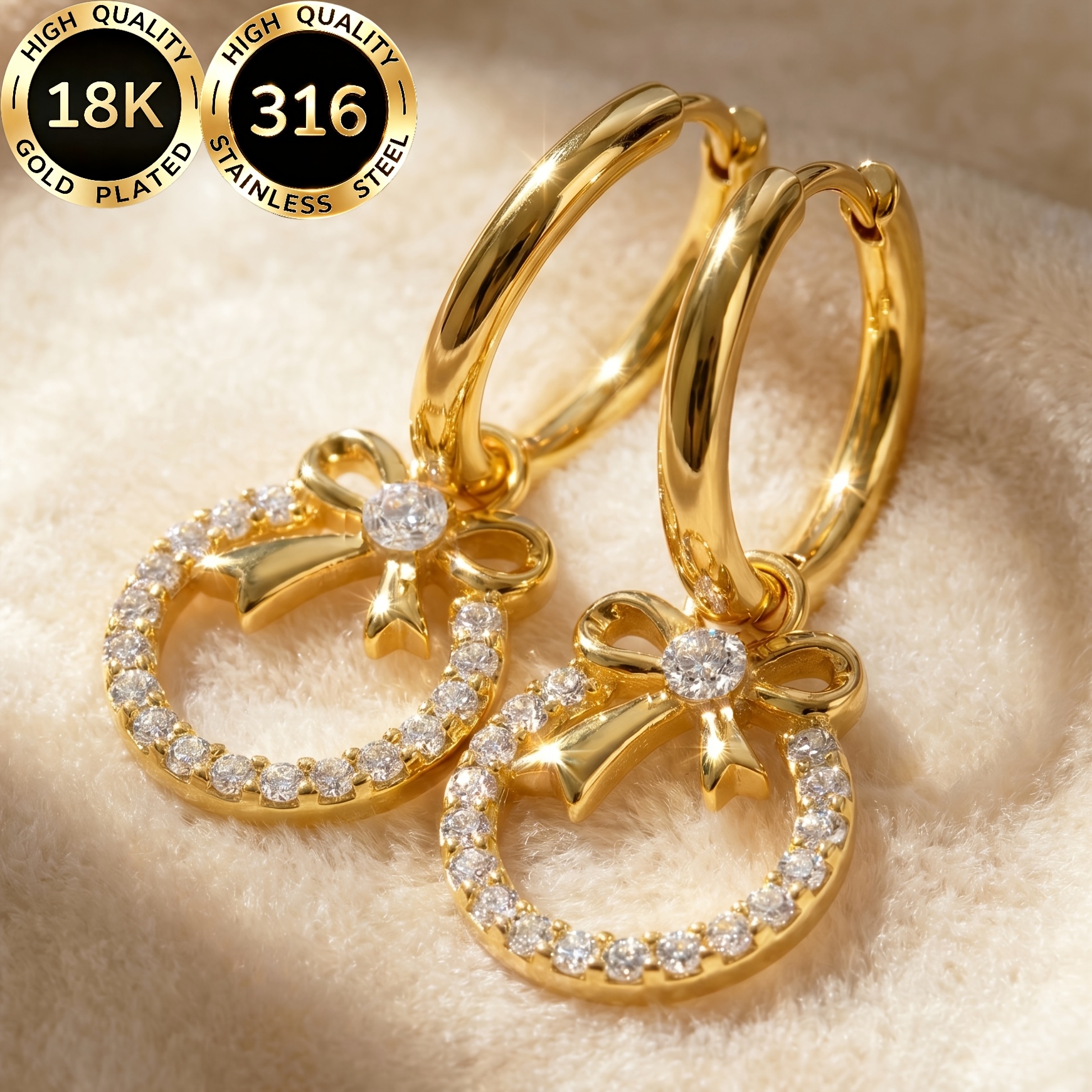 TEMU A Pair Of High-quality Steel 18k Gold-plated Hypoallergenic Earrings For Women, Featuring A Light Luxury, Sweet, And Sparkling Bow Tie And Halo