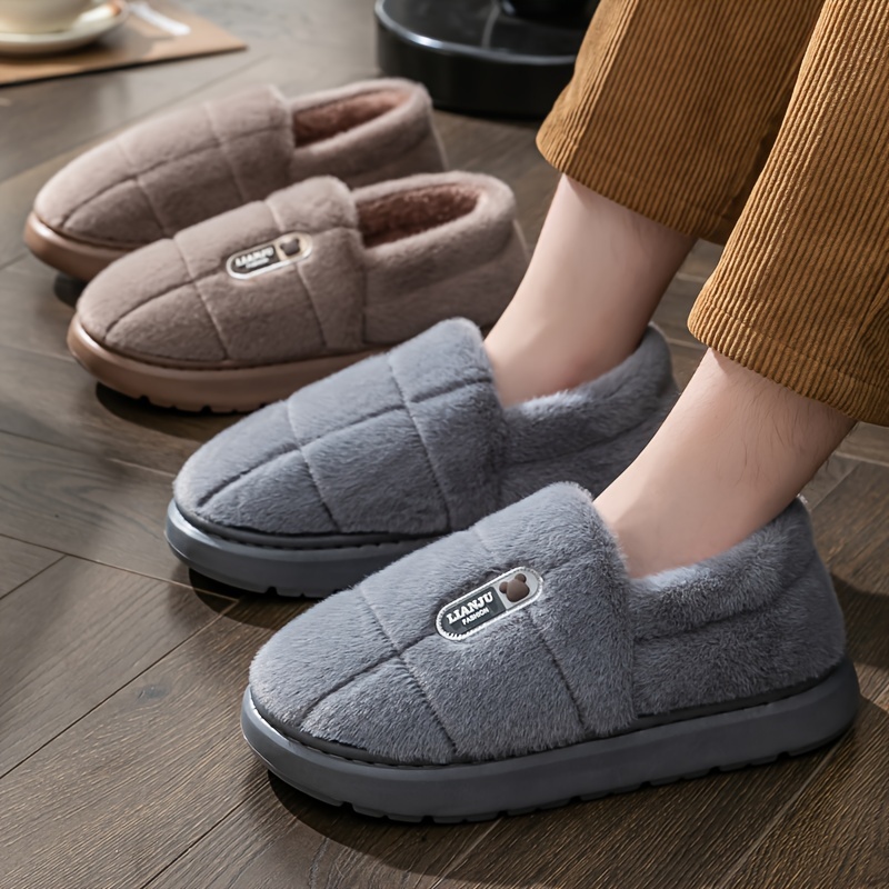 

Men's Casual Comfy Solid Color Furry Slip On Home Shoes, Non-slip Warm Slippers For Indoor Bedroom, Autumn And Winter