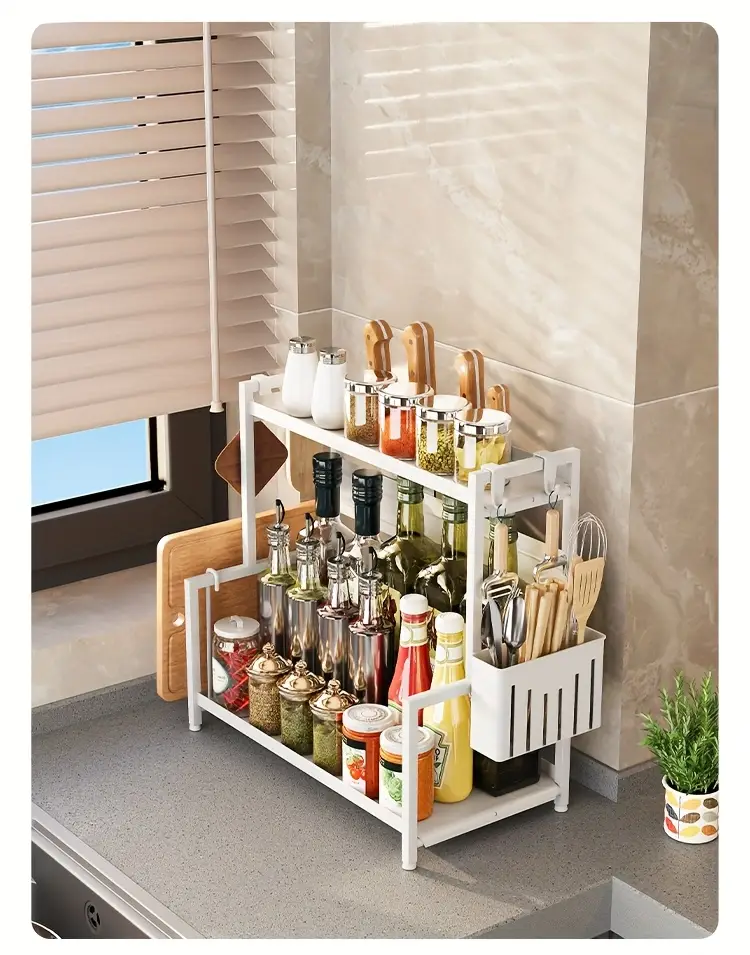 2 tier carbon steel spice rack organizer with utensil holder cutting board storage white metal kitchen countertop organizer for spices knives and cutting tools spices organizers and storage Product details 12