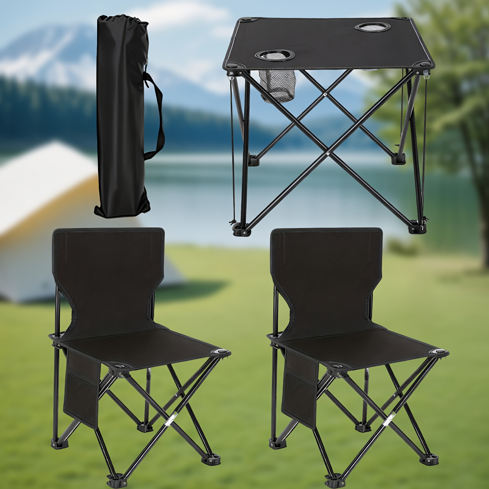 TEMU Portable Folding Camping Table & Chairs Set, Lightweight Outdoor Picnic Table With Cup Holders, Easy Carry For Camping, Beach, Bbq