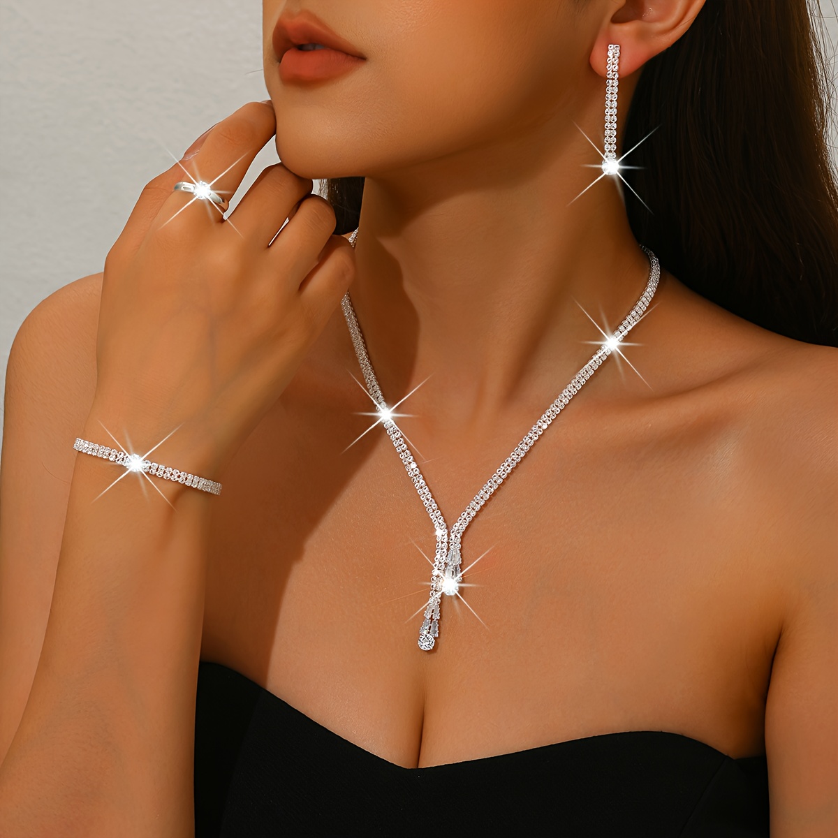 Image of 1 Set Bridal Jewelry Set, Rhinestone Necklace, Earrings, Ring, Bracelet Suit, Popular European And Fashion Accessories, Perfect For Banquet Attire