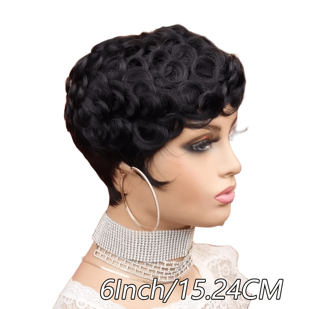 TEMU Perruque Femme en Cheveux Humains Brésiliens Remy à 180 % - Coupe à Bouclées de 6 Pouces, Ajustement Couture, Colle, Entièrement à pour Usage et