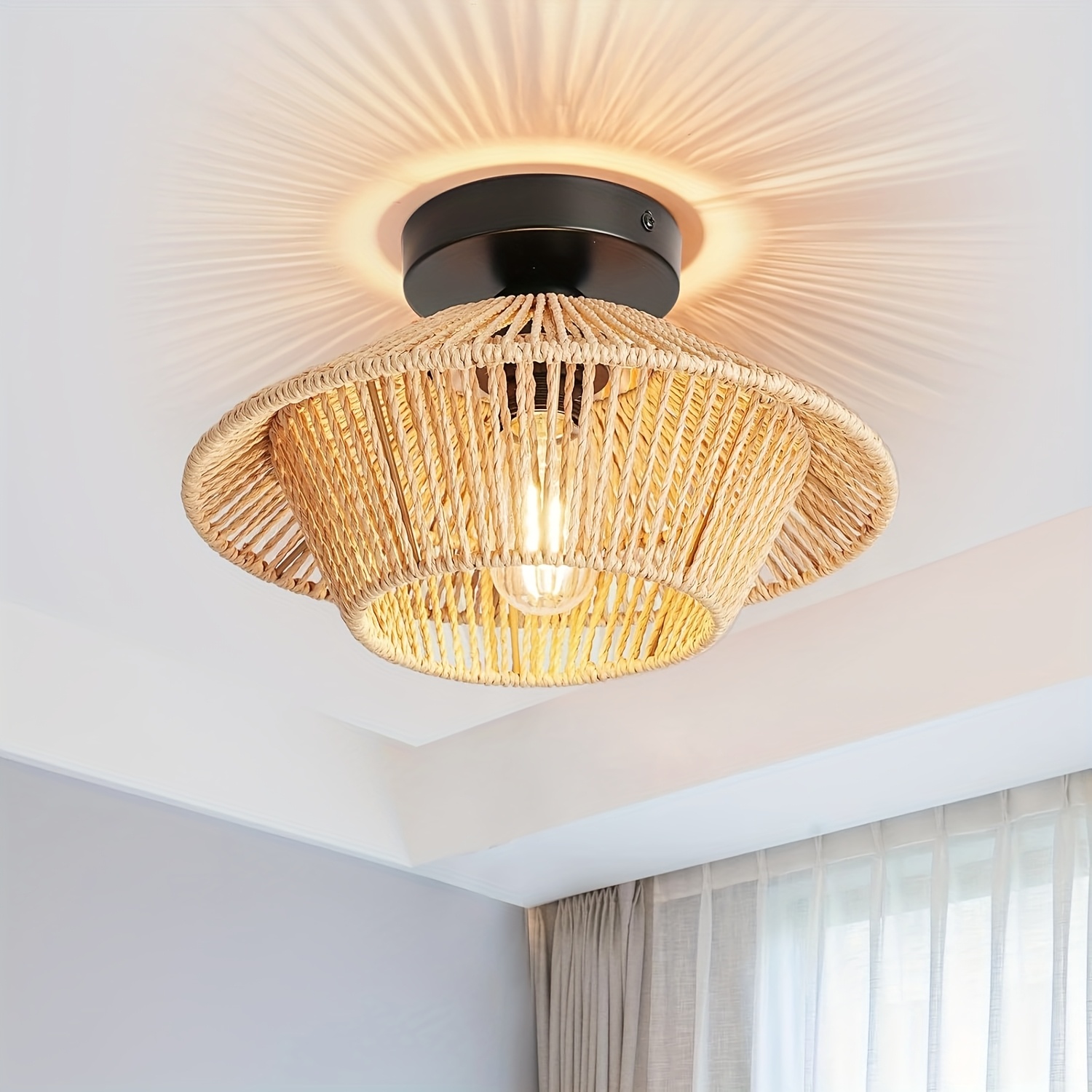 Image of 1pc Bohemian Style Rattan Woven Lamp With E27 Socket - , Semi-flush Mount, Suitable For Bedroom, Hallway, Kitchen, Living Room, Dining Room Pendant Light, Country , Bulb Not Included