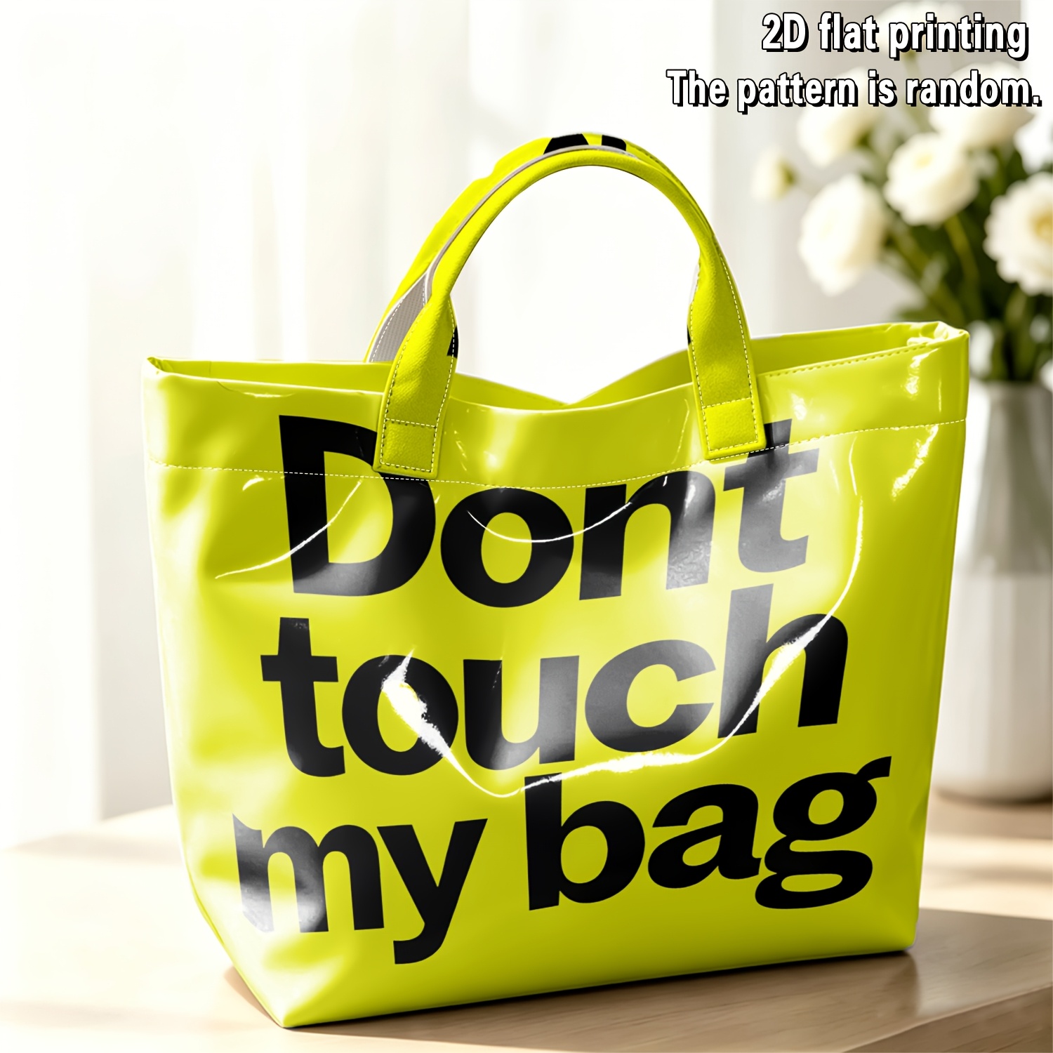 TEMU Dames PVC reis-draagtas met felgele en zwarte letters met waarschuwing 2D platte print | capaciteit veelzijdige hoogwaardige handtas. Geschikt