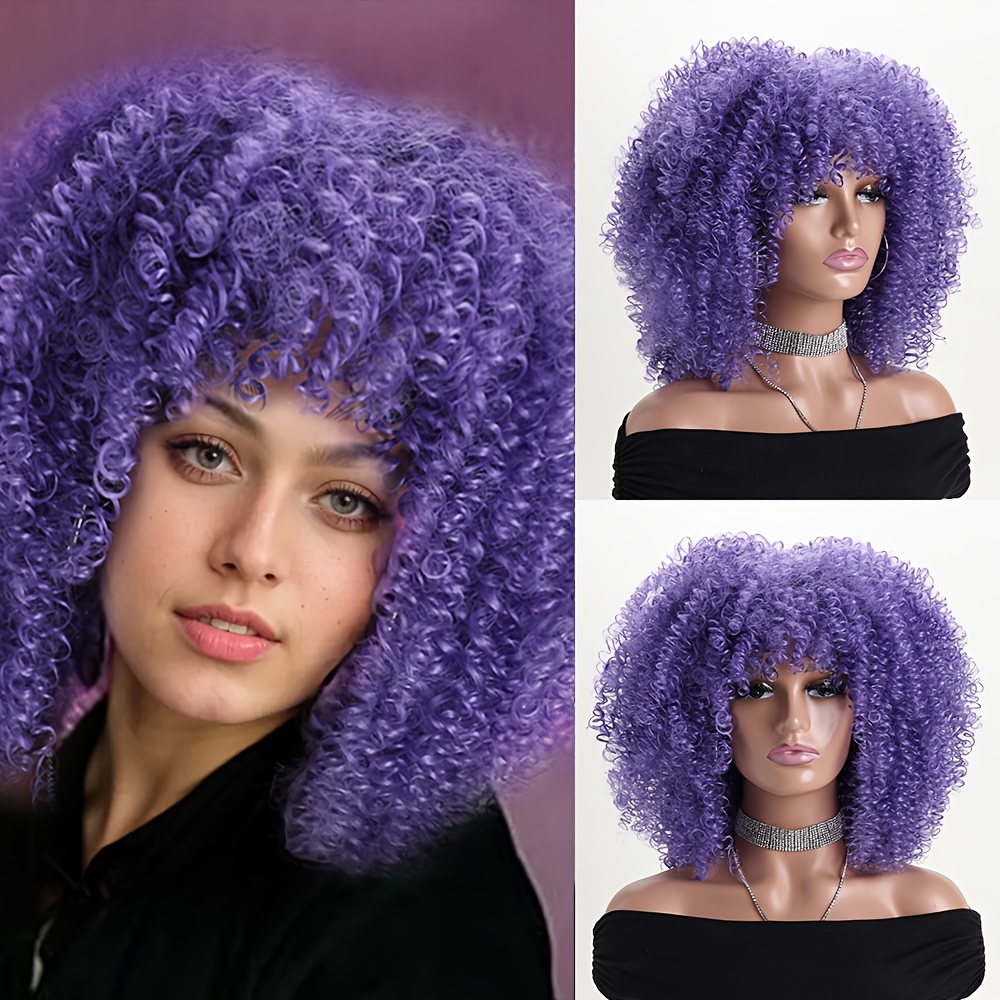 Elegant 16-inch Purple Short Curly Wig For Women - Natural-looking Afro Kinky Curls, Heat Resistant Synthetic Hair With Cap, Perfect For Daily Wear & Special Occasions