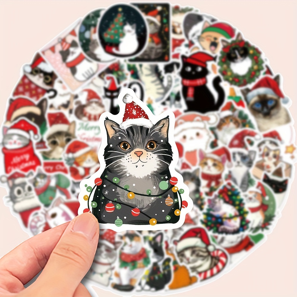 

50 Festive Christmas Cats Vinyl Stickers - Decorating Your Laptop, Phone, Water Bottle, Helmet, Guitar, Suitcase, And More - White, No Power Required