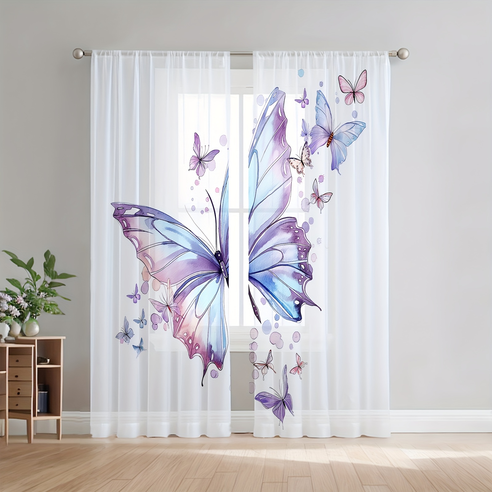 TEMU 2pcs Poliéster Semi-transparente Cortina de Barra para Ventana Decoración de Ventana Estilo de Colorido Estampado de Mariposas Decoración para ,