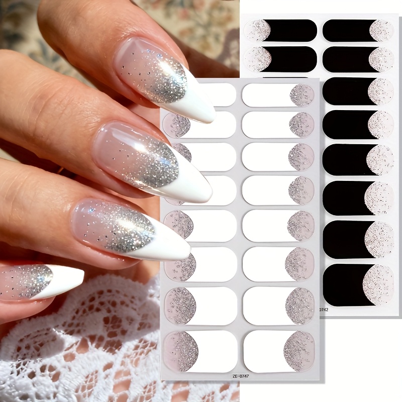 Image of 2 Sheets Full Nail Wraps, Spring And Summer Black And White Glitter Design Simple And Elegant Nail Stickers, Gift For, Diy Nail Stickers Nail Art Supplies