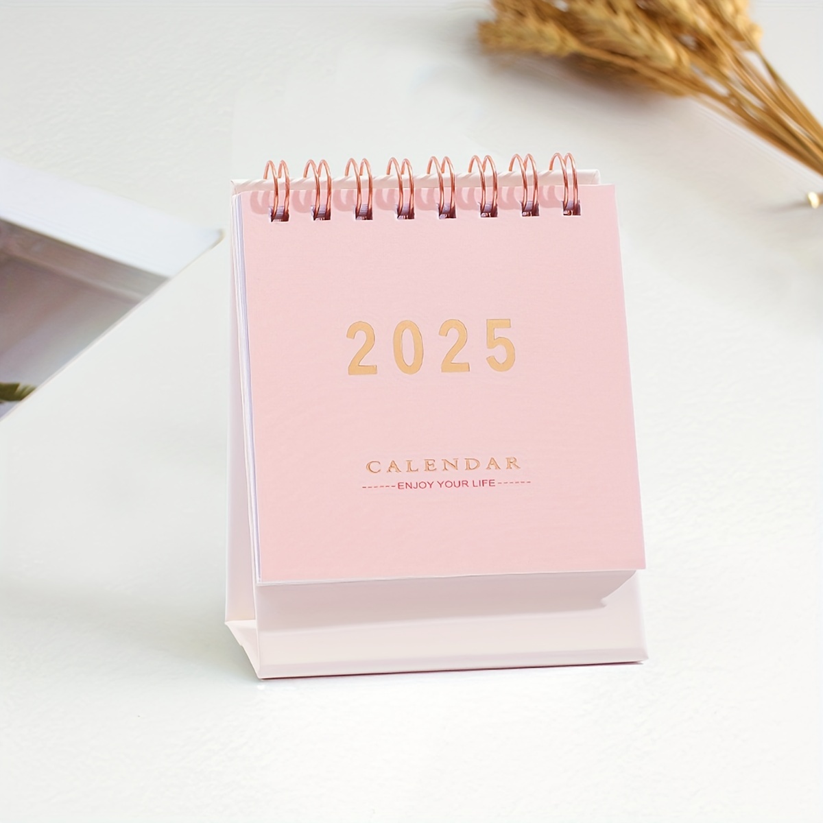 

2024-2025 Mini Desk Calendar: 18-month Small Desktop Calendar With Twin-wire Binding, Pink, 250 Gsm Thick Paper, Monthly View, English Text