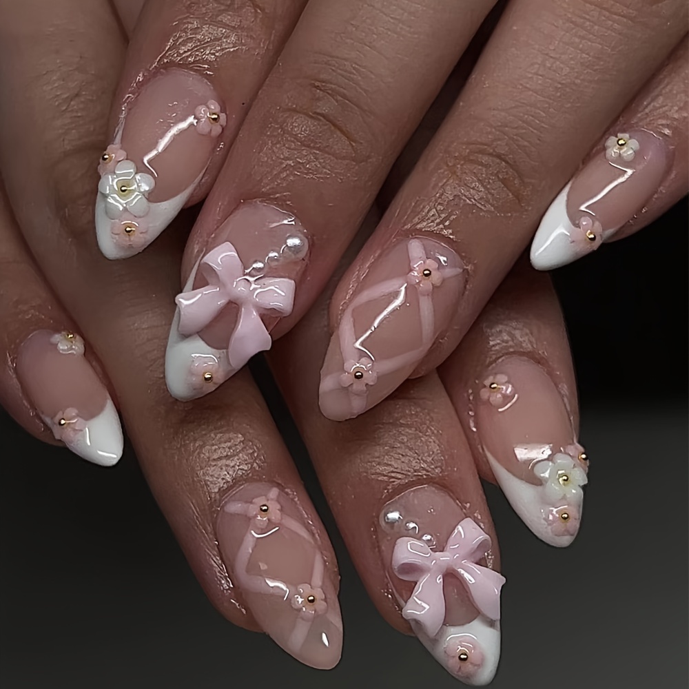 TEMU 1 Set de 24 faux ongles d', tendance blanc français rose, nœud, fleur , bandage adapté à toutes les femmes, lime à ongles et colle gelée
