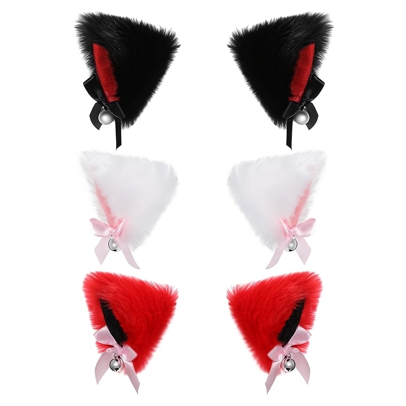 3 Pairs Plush Furry Cat Ears Hair Clips with Bell, Cosplay Animal Ears Headband for Women - Ideal for Halloween Costume and Cosplay Parties in Black, White, Red