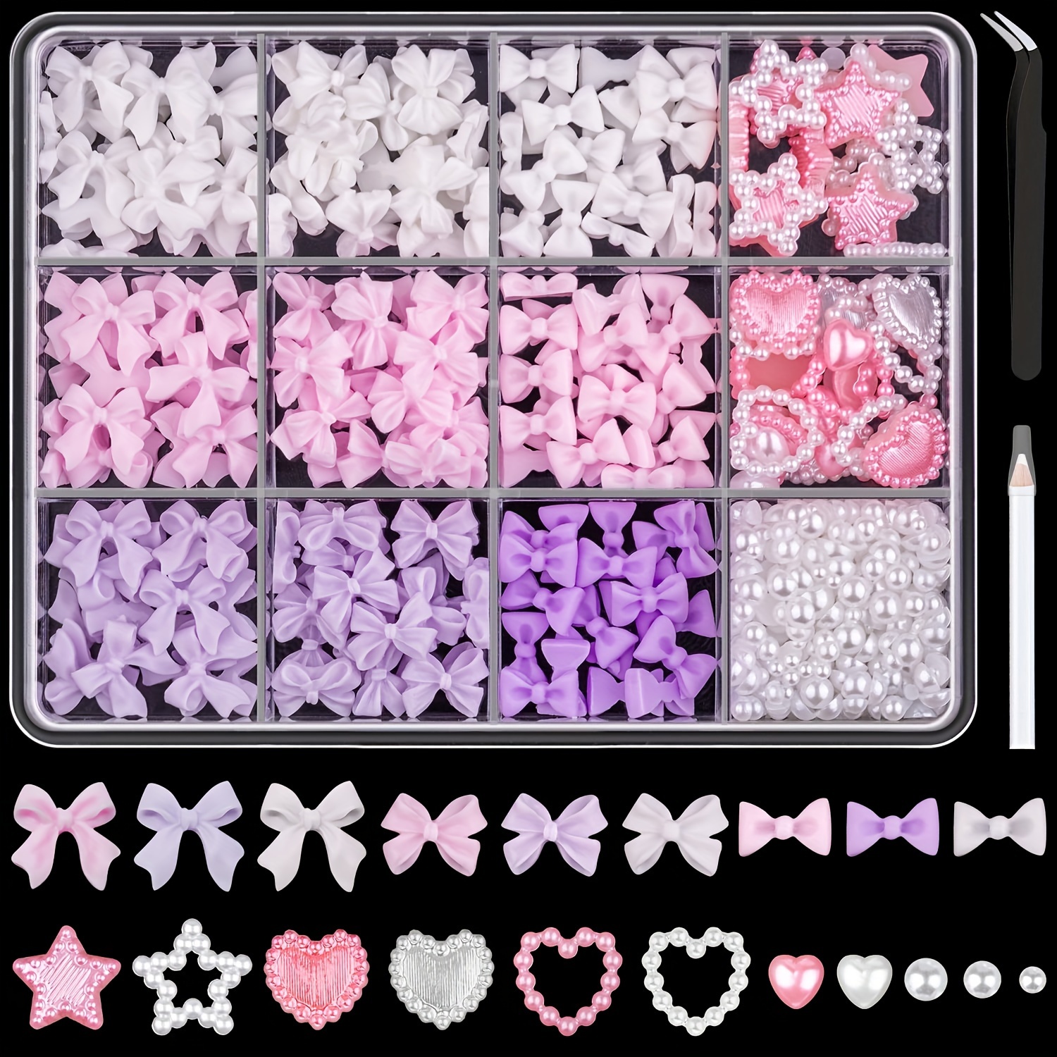 

300pcs 3d Nail Charms And Flatback Pearls Multi Styles Bowknot Charms + Star Heart Nail Jewels + 2-6mm White Nail Pearls For Nail Art Design With Pickup Tools