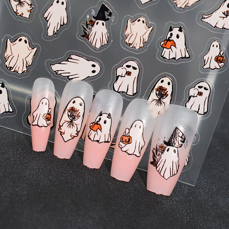 

2pcs/set 5d Embossed Halloween Cartoon Nail Art Stickers - White Ghosts & Pumpkins - Diy Or Salon Use - Self-adhesive - Shiny Finish - No Fragrance