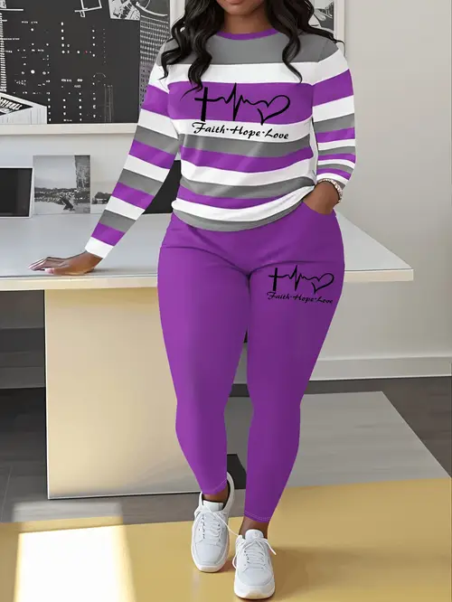 plus size heart letter print two piece set leisure color block crew neck long sleeve top pants outfits womens plus size clothing