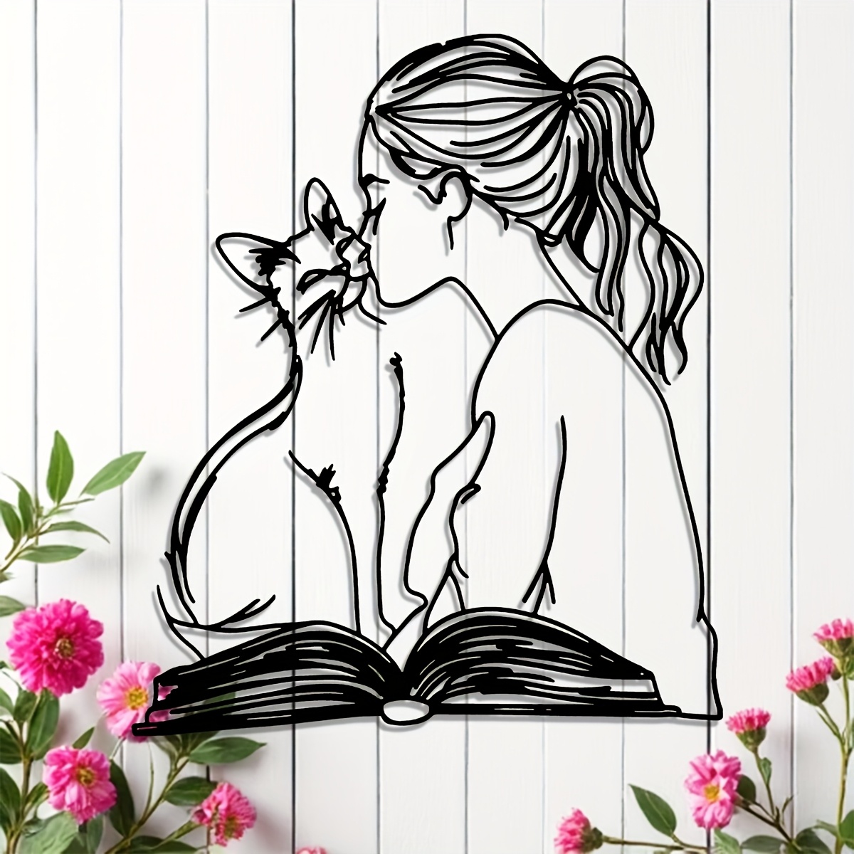 TEMU 1pc Girl Kissing Cat On Book Metal Wall Art - Girl & Cat Reading Or Kissing, Minimalist Metal Shelf/room Decor, Easy-hang Bookend For Cat Lovers &, Gift, 15.7x14in