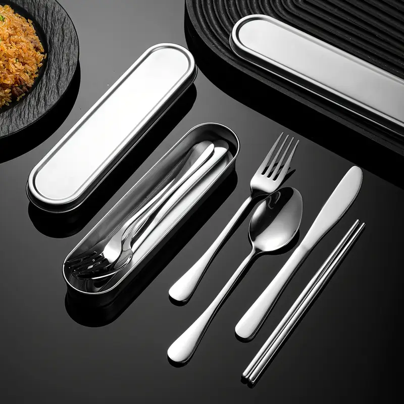 customize your text with a 3 4pcs 304 silvery stainless steel knives forks spoons and portable cutlery boxes the silverware set is easy to store not damaged and suitable for going out picnicking camping outdoor activities and Product details 3