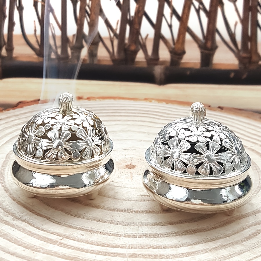 TEMU Lot de 2 pièces, Porte-encens argenté à petite marguerite, Mini porte-encens à trois pieds, Support à encens floral vintage, Artisanat de