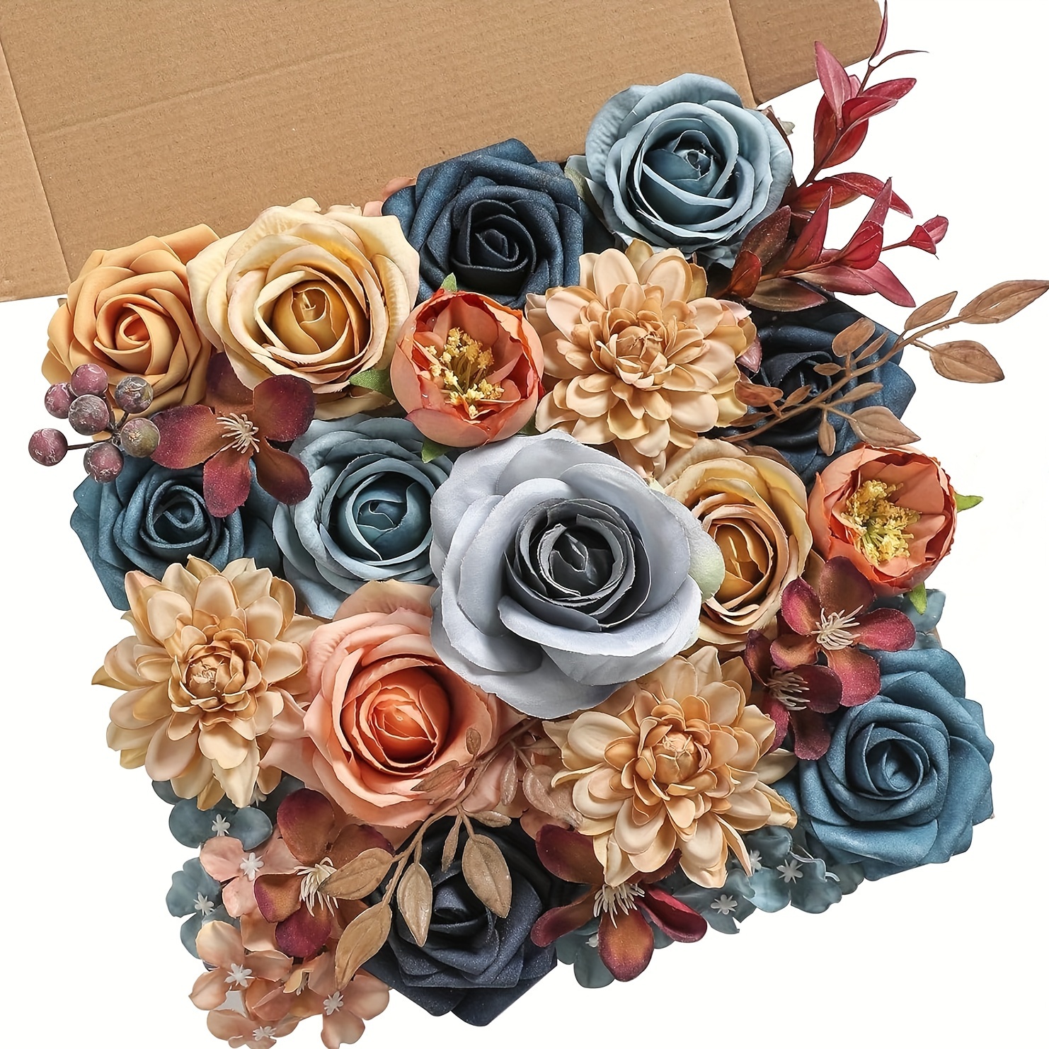 

Blue And Brown Artificial Flower Set, Silk Artificial Flowers And Leaves, Diy , Cake Flowers, Table Center Decoration, Autumn And Halloween