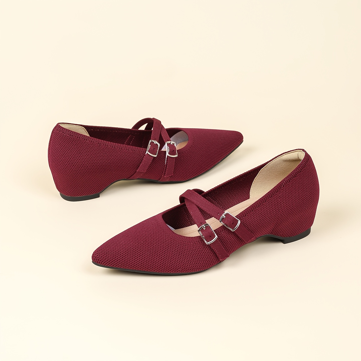 TEMU Women' Color Double Shoes With Double Strap Design, Vintage , Versatile For Workplace Commutes, Pointed Toe To Slim The Foot Shape, In Multiple