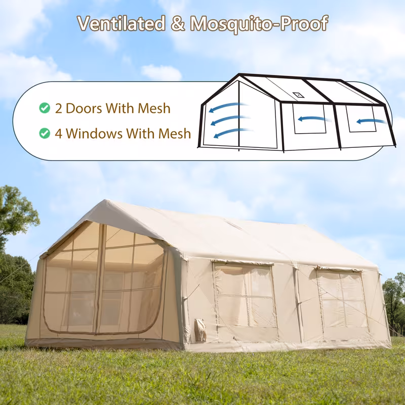 186sq ft inflatable camping tent with hand pump easy setup outdoor blow up tent 4 season glamping air tents cabin house with windows door Product details 8