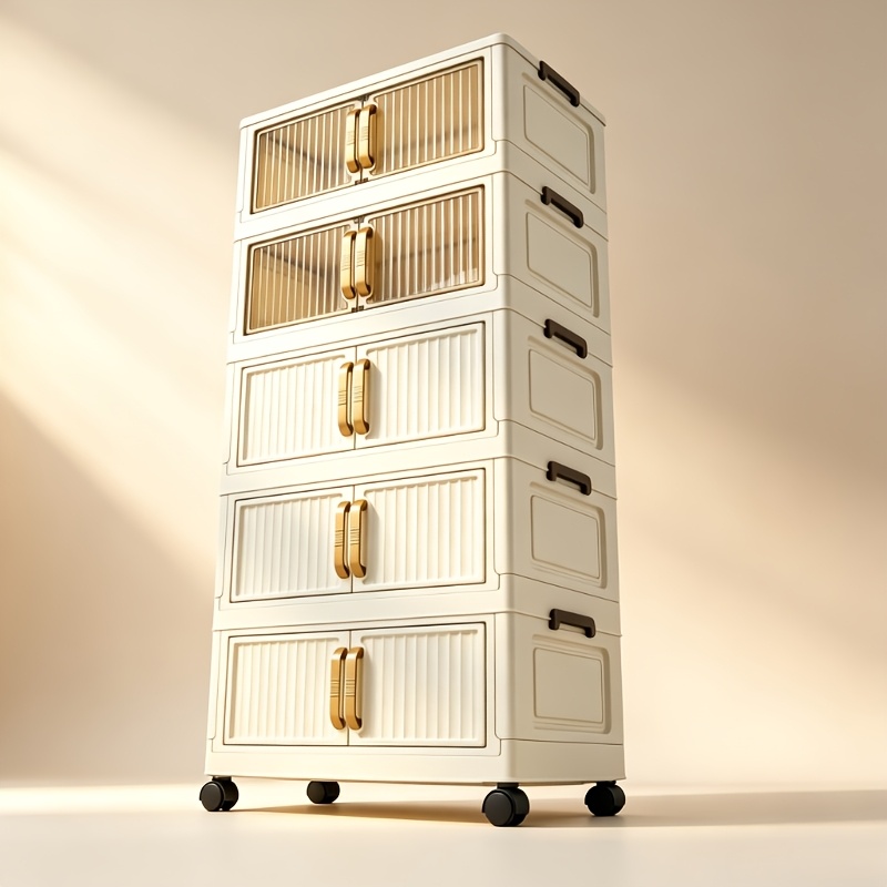 TEMU 3/5 Tier Foldable Lidded Rolling Storage Box, No Assembly Stackable Double Golden Handle Storage Bin, Large Capacity Plastic Storage Cabinet For