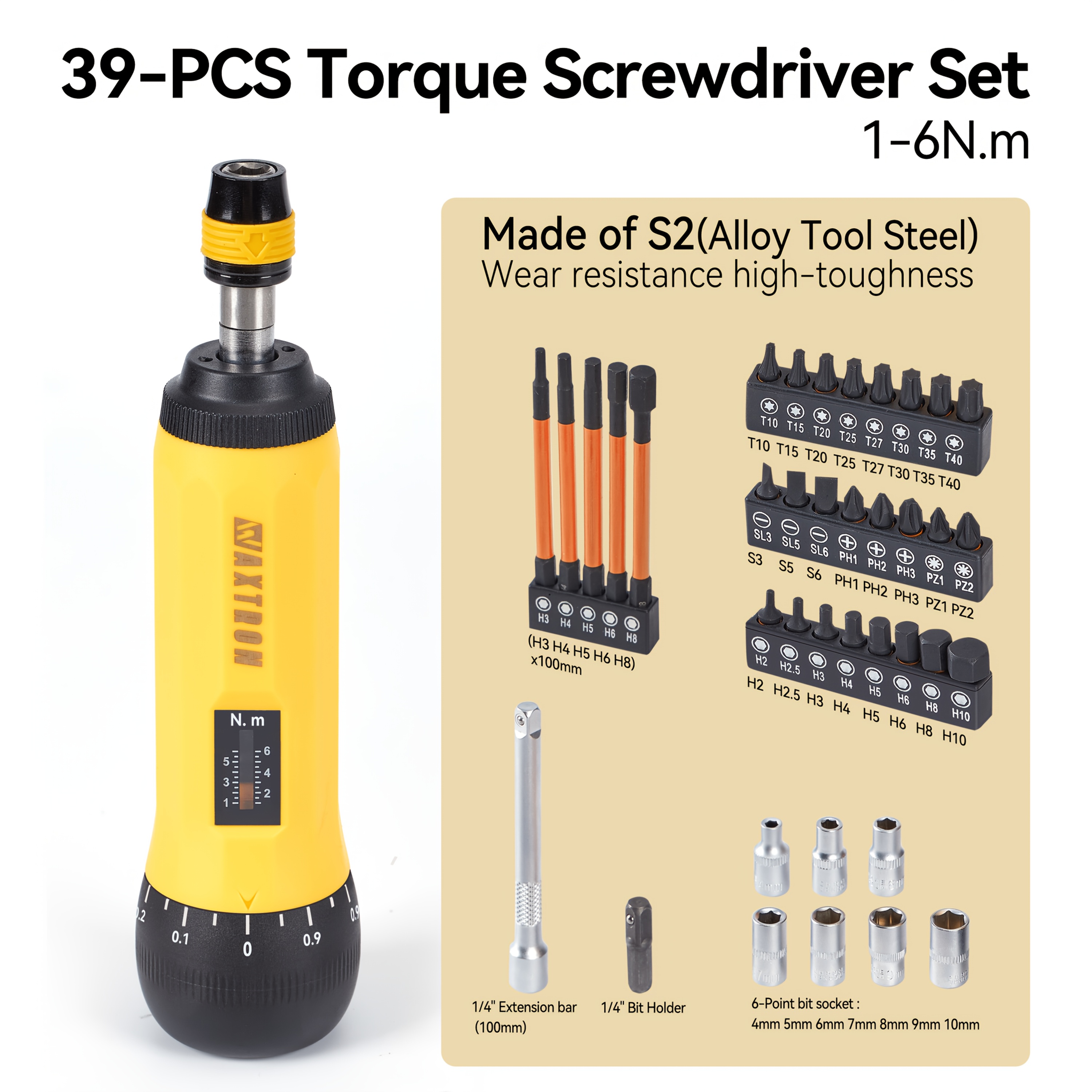 TEMU 39pcs Mechanical Click Torque Screwdriver Set With Slip Torque 1-6n.m Phillips/hex/allen Bits Torque Screwdriver For Bicycles, Precision