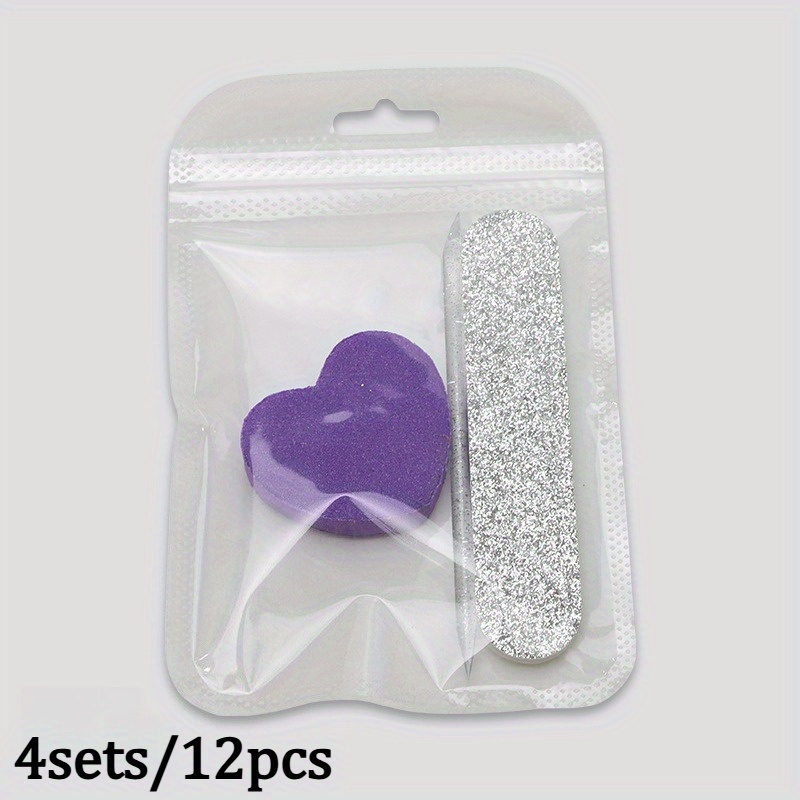 Image of 12pcs Pink Glitter Nail Care Set - Heart-shaped Buffer, & Dual-sided Files For Manicure And Pedicure, Sparkling Pink Glitter Design ，for Toenail& Foot Clean