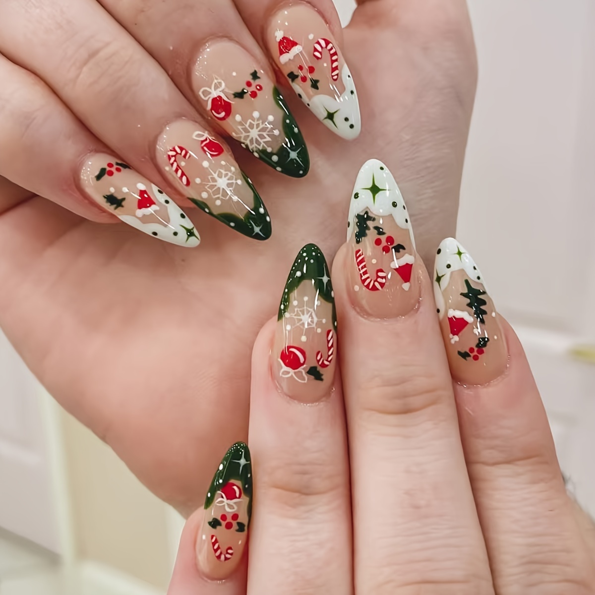 

24 Pcs Holiday-themed Press-on Nails, Mixed Color Acrylic Drop Shape Short Nails With Christmas Patterns, Glossy Finish, Elegant Nail Tips For Women And Girls, Includes Jelly Glue & Nail File