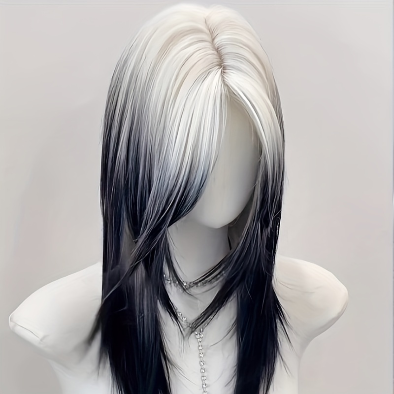 Image of Heat-resistant Synthetic Hair Wig In Unisex Ombre Black And Golden, Featuring A Middle Part, Ideal For Everyday Use. Long Hair Wig With A Medium Length Designed For Women