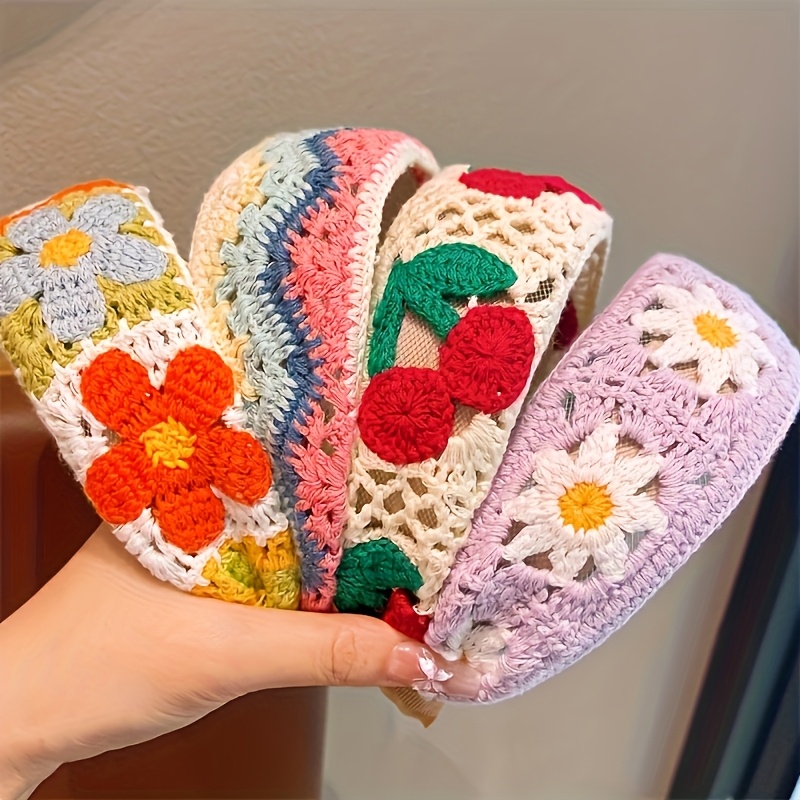 TEMU 4pcs Women's Countryside French Knitted Headband, Floral Cherry Pattern Hair Accessory, Sweet And Fashionable Style, Daily Use