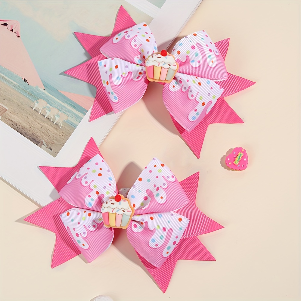 

2pcs Cream & Cherry Bow Hair Clips For Girls - Ribbon, School, Birthday Parties & Summer Fun