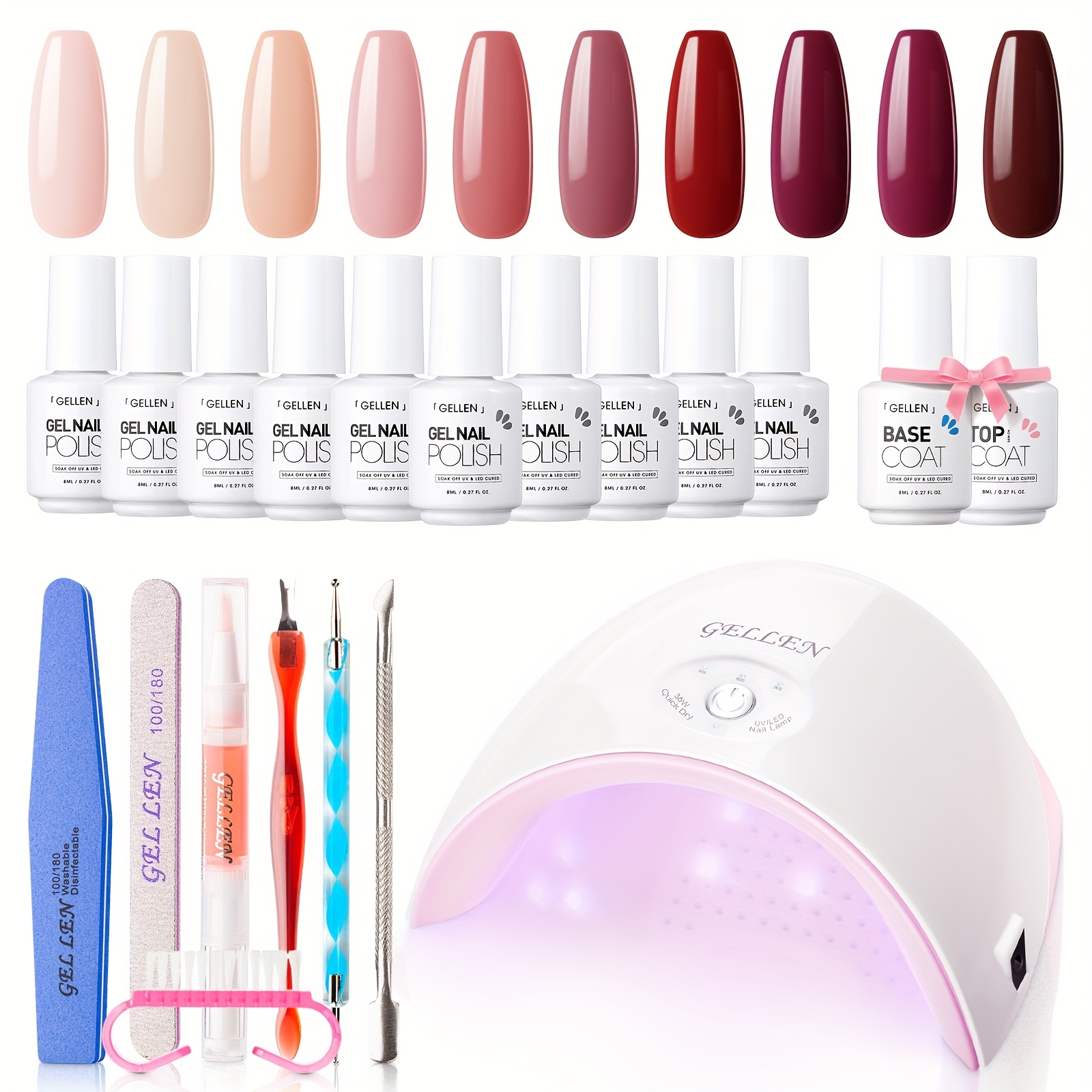 TEMU Kit de vernis à ongles en gel Gellen avec lumière - Kit de vernis à ongles en gel avec lampe à ongles 36W Gel Base et Set, 10 couleurs de vernis