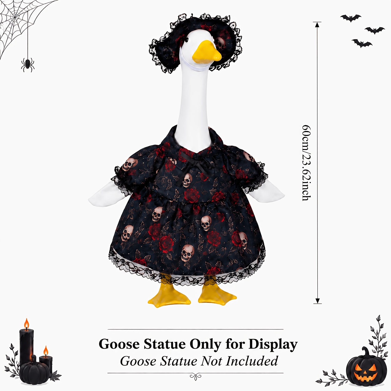 TEMU Nouvel ensemble de robe et statue d'oie d'Halloween pour tenues d'oie en ciment de 23 pouces avec chapeau en dentelle et imprimé squelette,